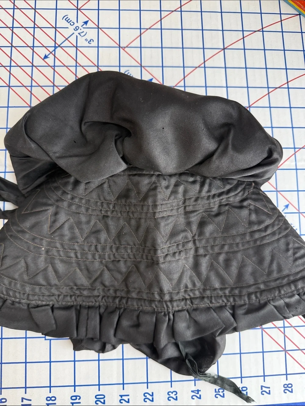 Vintage 1940s Black Satin Bonnet Quilted Ruffle Prairie Victorian Style Costume